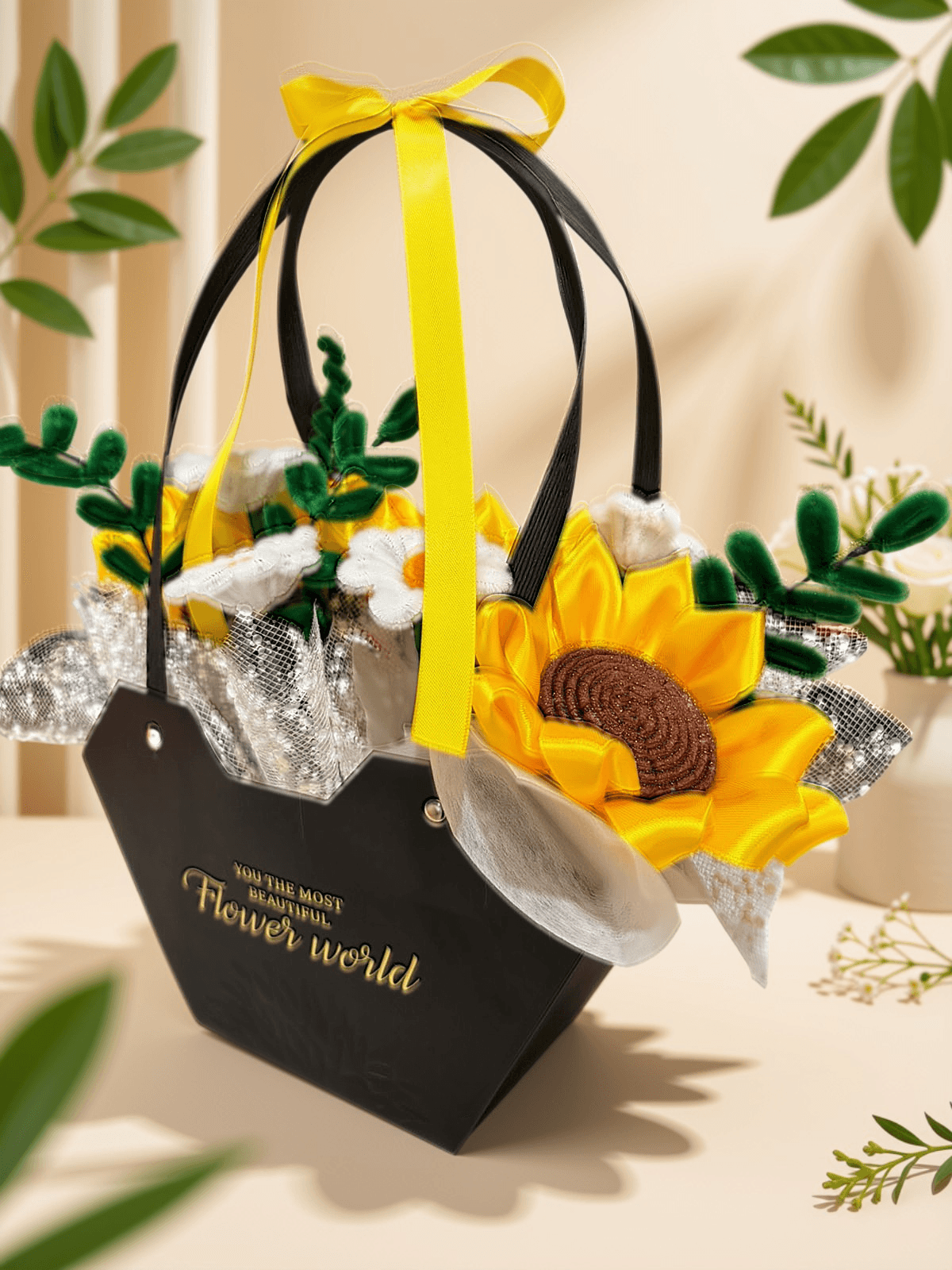 Cartera negra con 3 girasoles y 5 margaritas