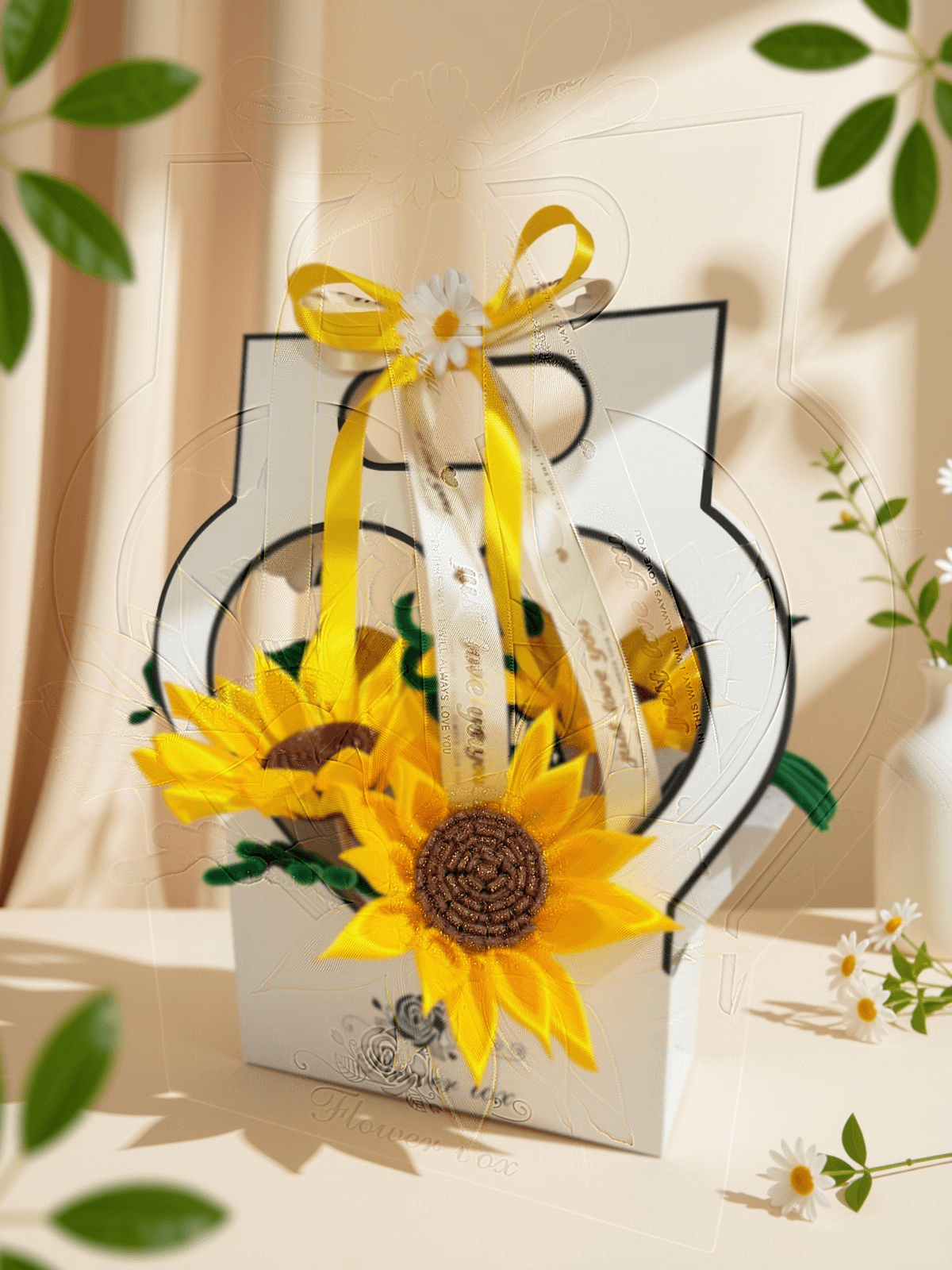 Cartera blanca con 4 girasoles y 1 margarita